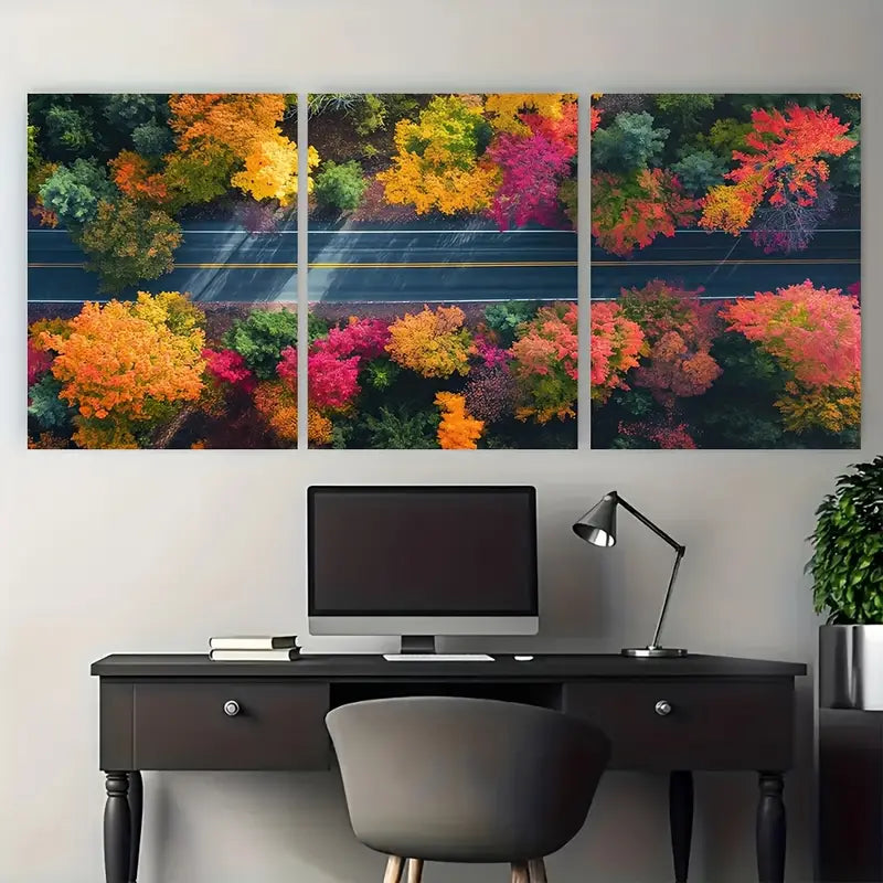 3pcs Country Road Autumn Foliage Metal Print Ready to Hang Art