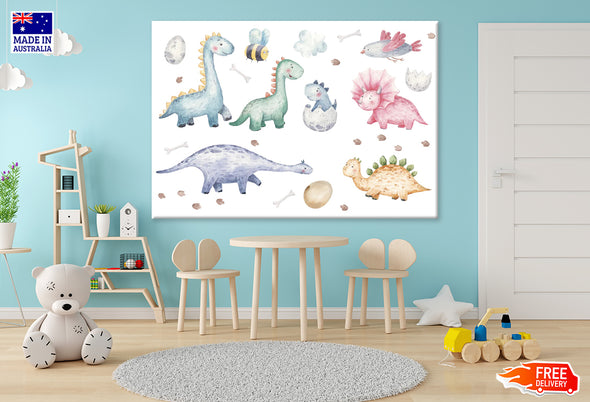 Colorful Dinosaurs Watercolor Painting Print 100% Australian Made Stretched Canvas Ready to Hang - NK-122