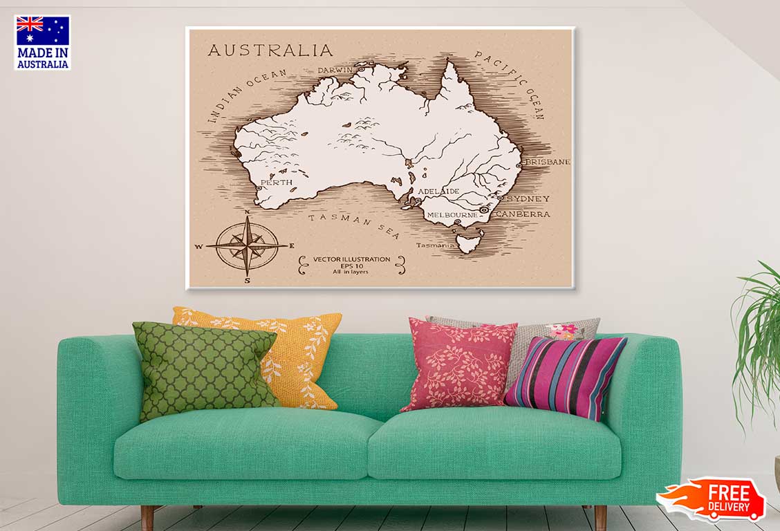 Vintage Map Australia Vector Print 100% Australian Made Stretched Canvas Ready to Hang - MP-122