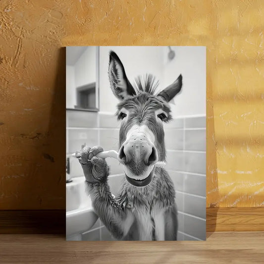 Whimsical Donkey Brushing Teeth Canvas Art Print 100% Australian Made 40x60cm Stretched Canvas Ready to Hang