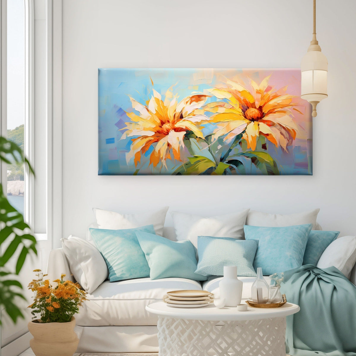 Yellow Daisies Oil Painting Wall Art Canvas Office Home Room Framed 80x45cm