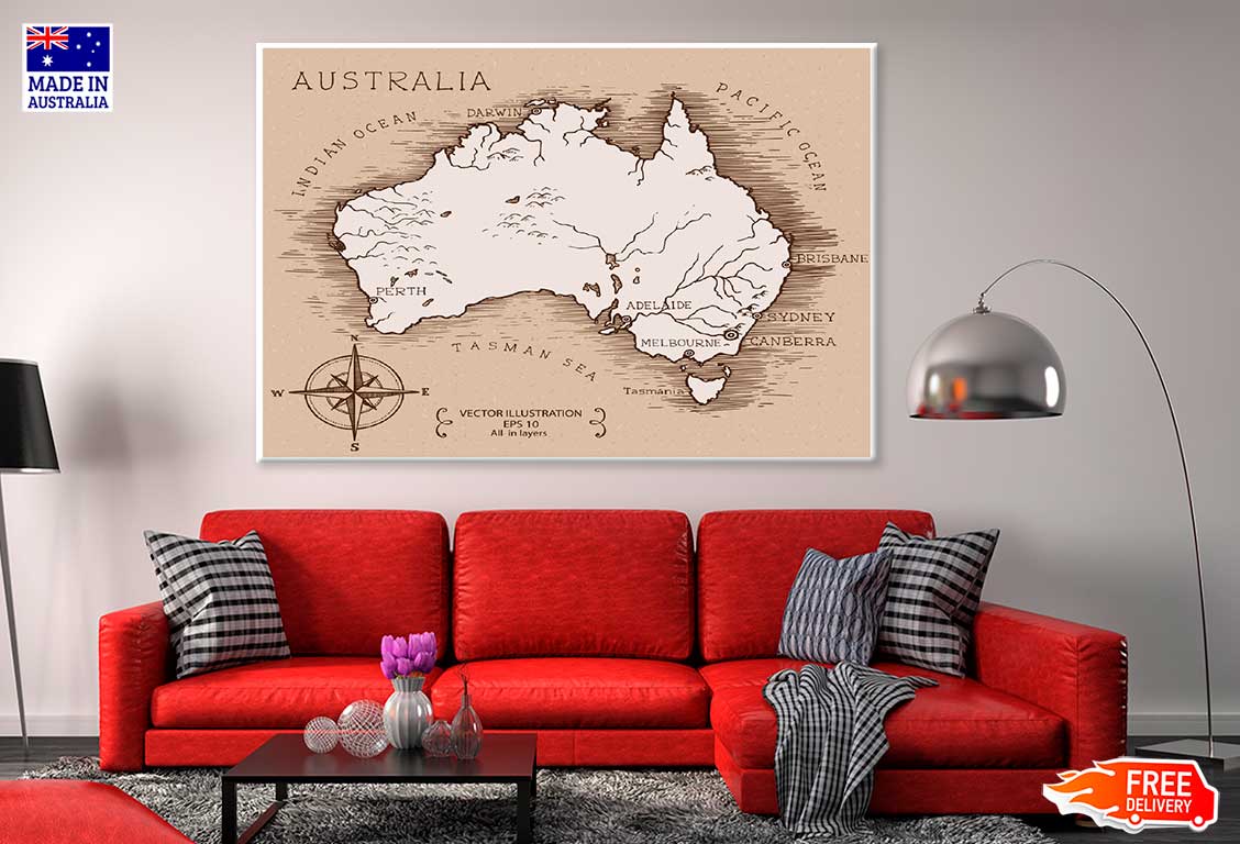 Vintage Map Australia Vector Print 100% Australian Made Stretched Canvas Ready to Hang - MP-122