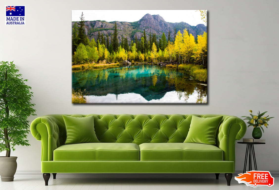 Autumn Forest & Mountains near Lake Print 100% Australian Made Stretched Canvas Ready to Hang - NT-122