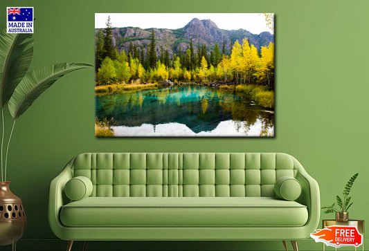 Autumn Forest & Mountains near Lake Print 100% Australian Made Stretched Canvas Ready to Hang - NT-122