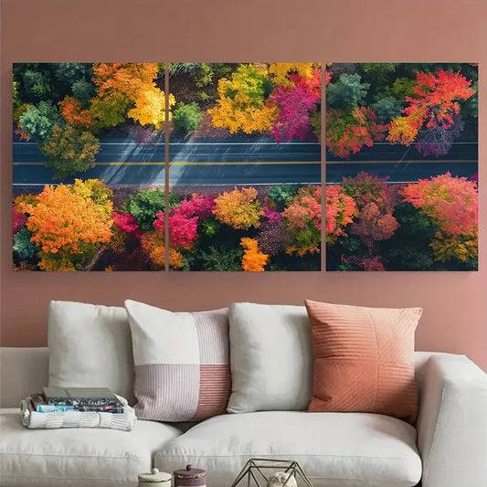 3pcs Country Road Autumn Foliage Metal Print Ready to Hang Art