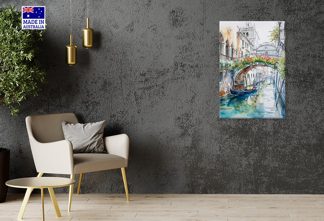 Peaceful Scene of a Gondola on a Canal Print 100% Australian Made 40x60cm Stretched Canvas Ready to Hang