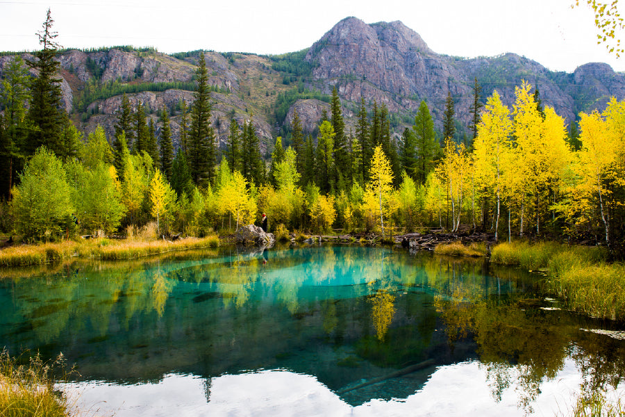 Autumn Forest & Mountains near Lake Print 100% Australian Made Stretched Canvas Ready to Hang - NT-122