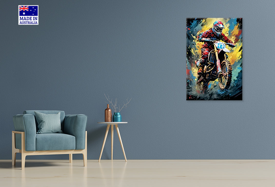 Motocross Rider In Vibrant Action Print 100% Australian Made 40x60cm Stretched Canvas Ready to Hang