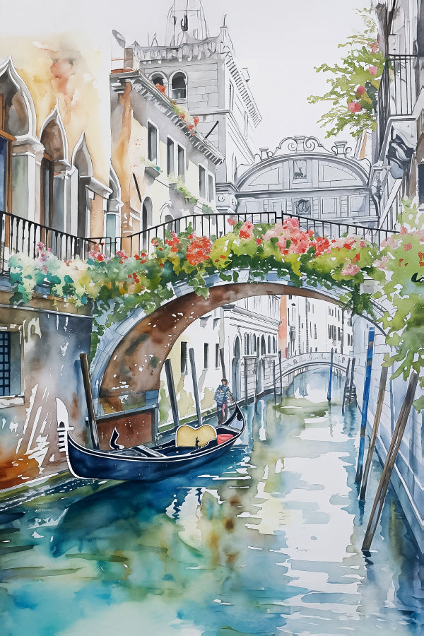 Peaceful Scene of a Gondola on a Canal Print 100% Australian Made 40x60cm Stretched Canvas Ready to Hang