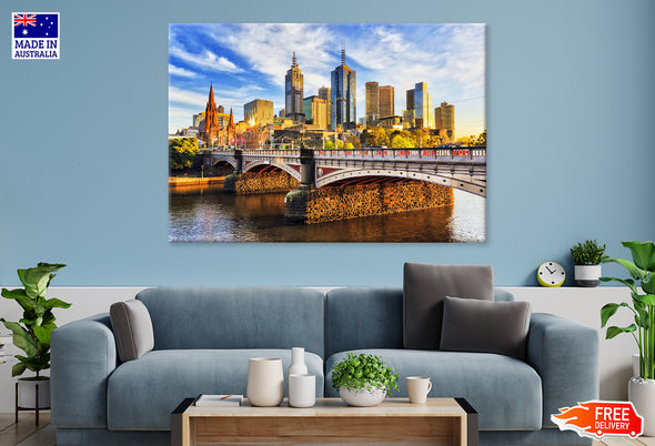 Princes bridge & Melbourne City Morning Sunrise Print 100% Australian Made Stretched Canvas Ready to Hang - AU-122