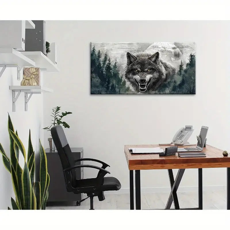Fierce Wolf Snowy Mountain & Pine Forest Scene Wall Art canvas office home room framed 120x60cm