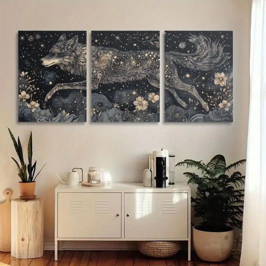 3pcs Watercolor celestial wolf with stars for fur Painting Metal Print Ready to Hang Art
