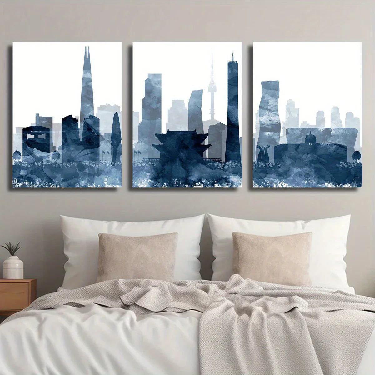 3pcs Seoul Skyline Blue Watercolor South Korea Cityscape Metal Print Ready to Hang Art