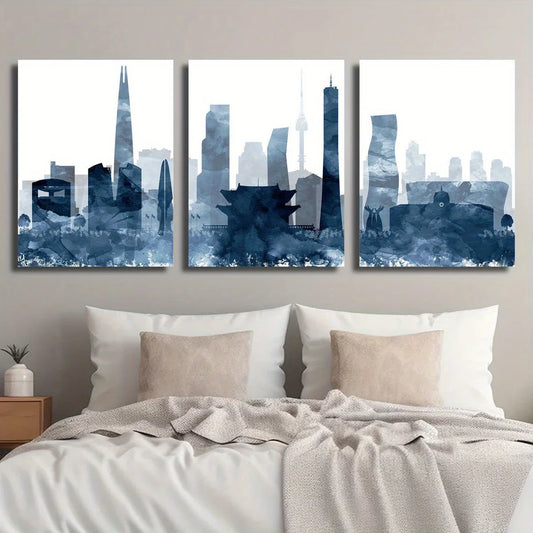 3pcs Seoul Skyline Blue Watercolor South Korea Cityscape Metal Print Ready to Hang Art