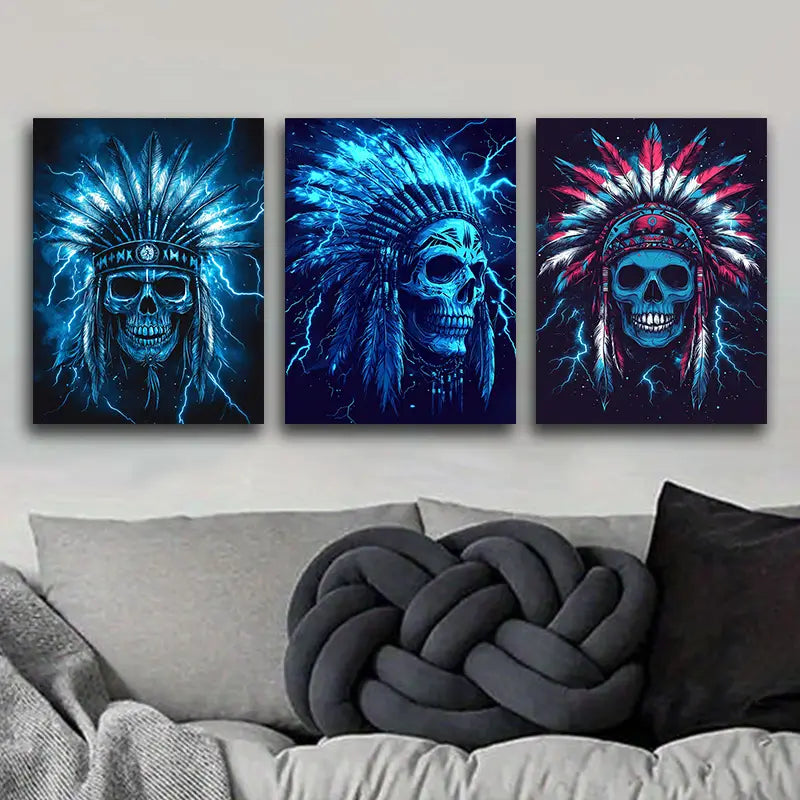 3pcs Native American Chief Skull Design Metal Print Ready to Hang Art
