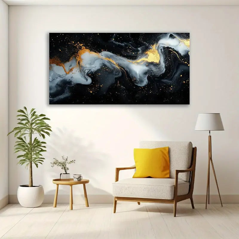 Abstract Cosmic Black Golden White Swirl Wall Art canvas office home room framed 120x60cm