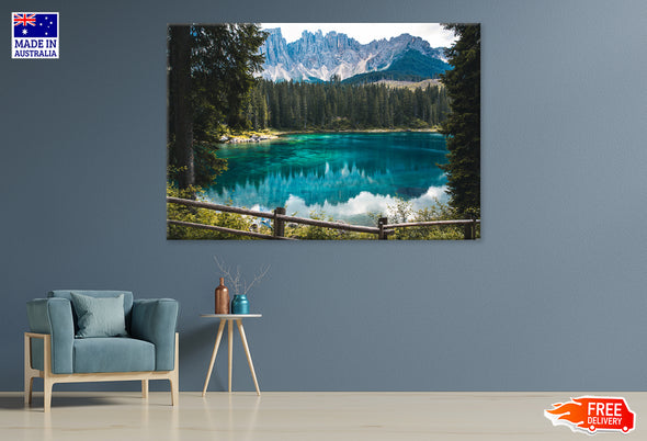 Lake near Pine Tree Forest & Mountains Print 100% Australian Made Stretched Canvas Ready to Hang - NT-123