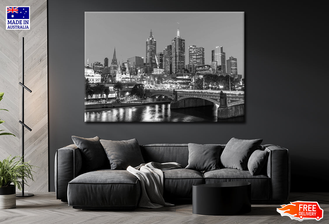 Melbourne City Panorama View Black & White Print 100% Australian Made Stretched Canvas Ready to Hang - AU-123