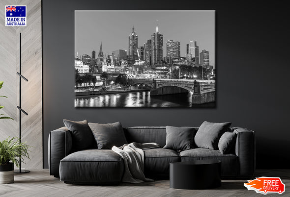 Melbourne City Panorama View Black & White Print 100% Australian Made Stretched Canvas Ready to Hang - AU-123