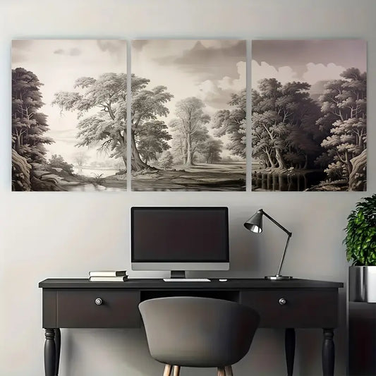 3pcs Black & White Trees Pond & Woods Metal Print Ready to Hang Art