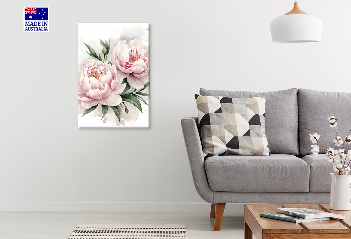 Couple Of Pink Flowers with Green Leaves Print 100% Australian Made 40x60cm Stretched Canvas Ready to Hang