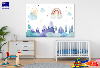 Mountains Sky & Sun with Stars Print 100% Australian Made Stretched Canvas Ready to Hang - NK-123