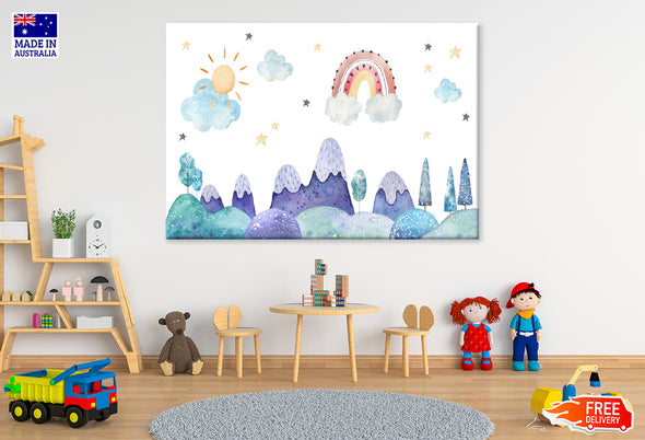 Mountains Sky & Sun with Stars Print 100% Australian Made Stretched Canvas Ready to Hang - NK-123