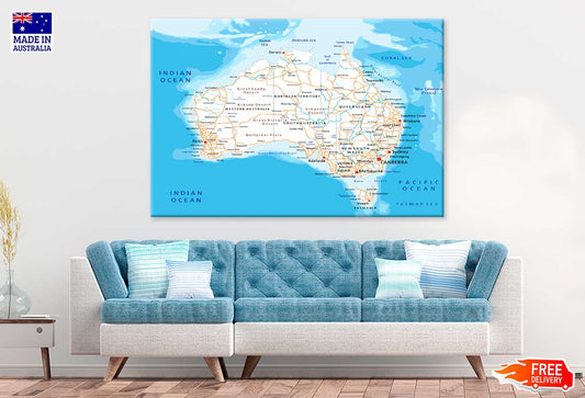 High Detailed Australia Road Map Print 100% Australian Made Stretched Canvas Ready to Hang - MP-123