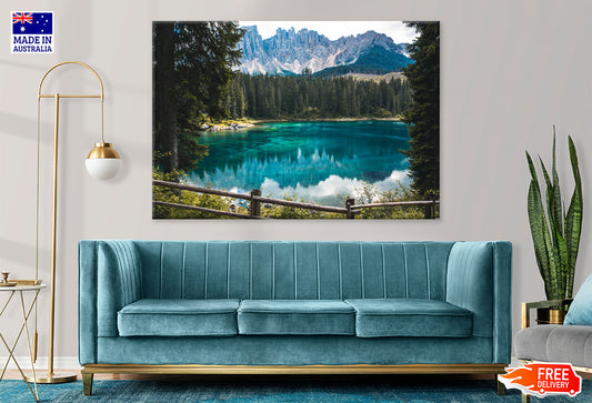 Lake near Pine Tree Forest & Mountains Print 100% Australian Made Stretched Canvas Ready to Hang - NT-123