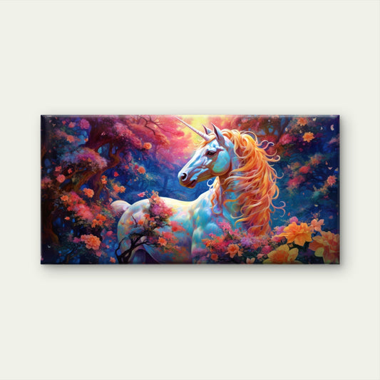 Magical Unicorn Rainbow Floral Fantasy Wall Art Canvas Office Home Framed 80x45cm