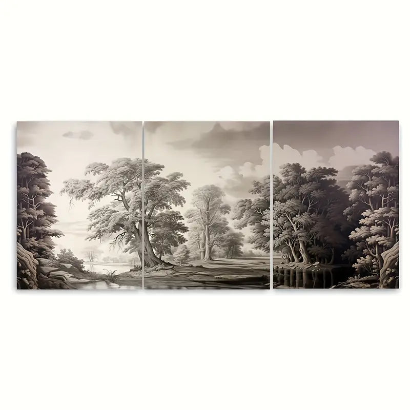 3pcs Black & White Trees Pond & Woods Metal Print Ready to Hang Art