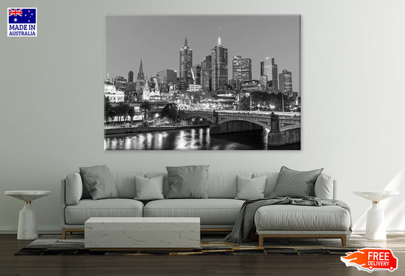 Melbourne City Panorama View Black & White Print 100% Australian Made Stretched Canvas Ready to Hang - AU-123