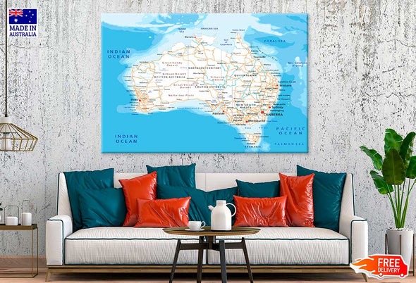 High Detailed Australia Road Map Print 100% Australian Made Stretched Canvas Ready to Hang - MP-123