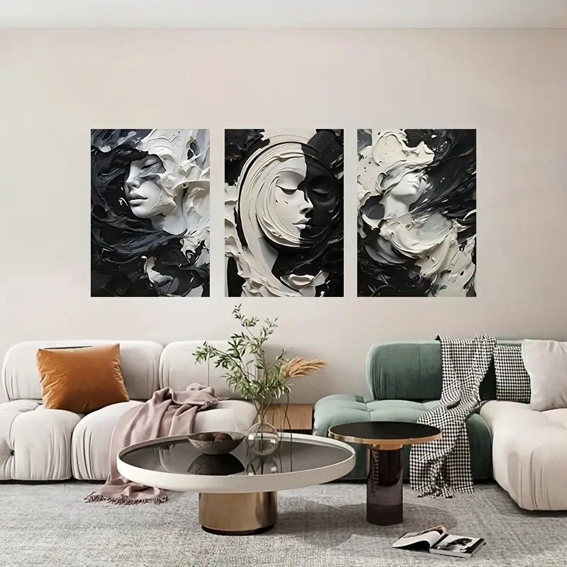 3pcs Artistic Black and White Statue Metal Print Ready to Hang Art
