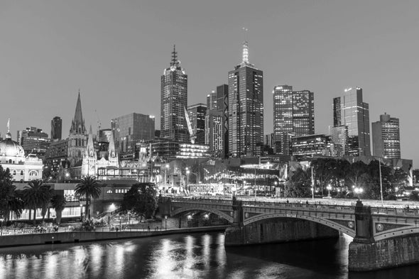 Melbourne City Panorama View Black & White Print 100% Australian Made Stretched Canvas Ready to Hang - AU-123