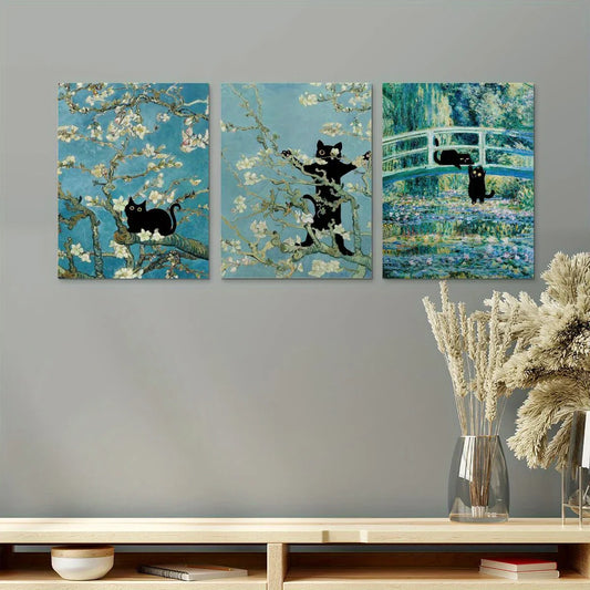 3pcs Classic Modern Cat Animal Design Blue White Metal Print Ready to Hang Art