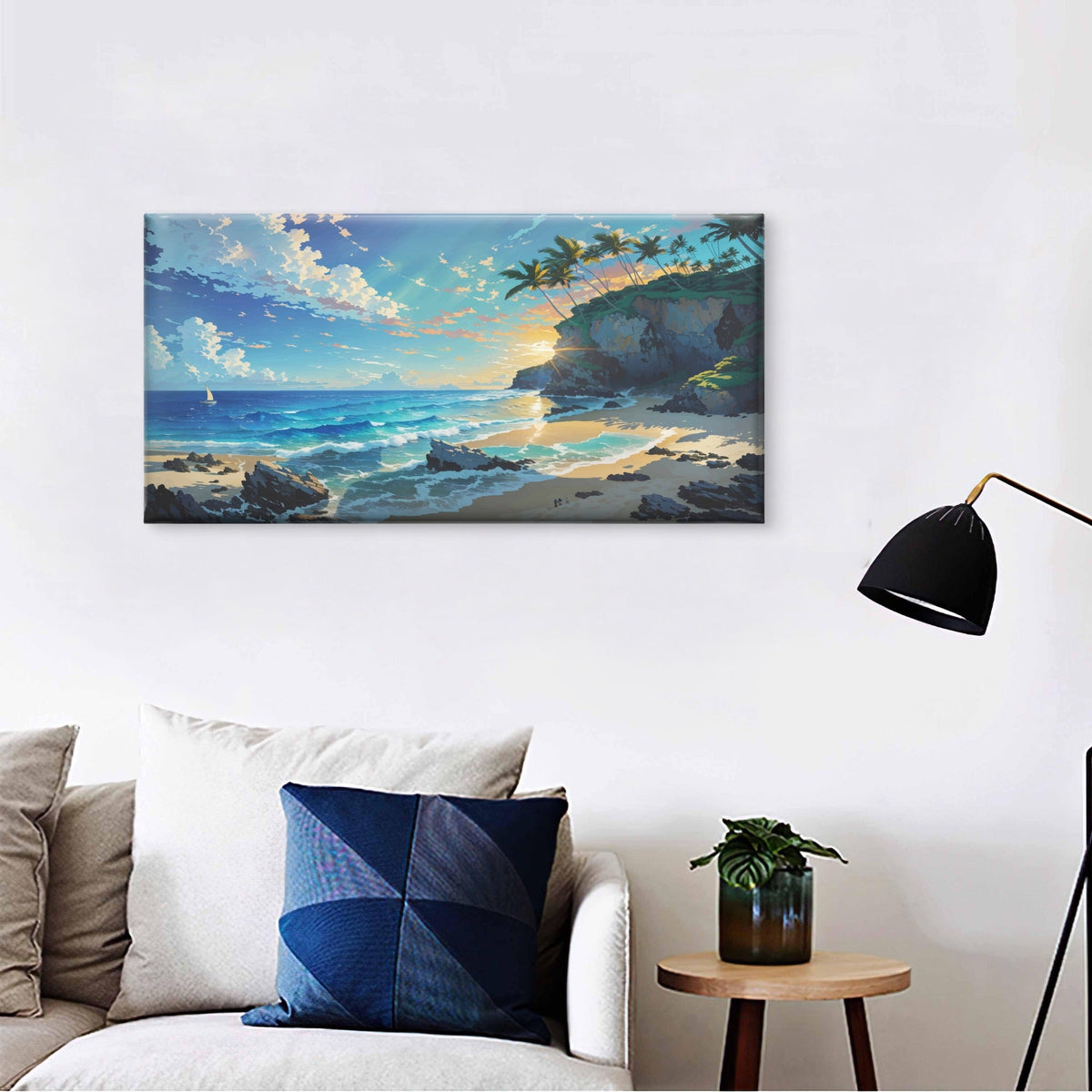 Tropical Beach Sunset Scene Wall Art Canvas Office Home Room Framed 120x60cm