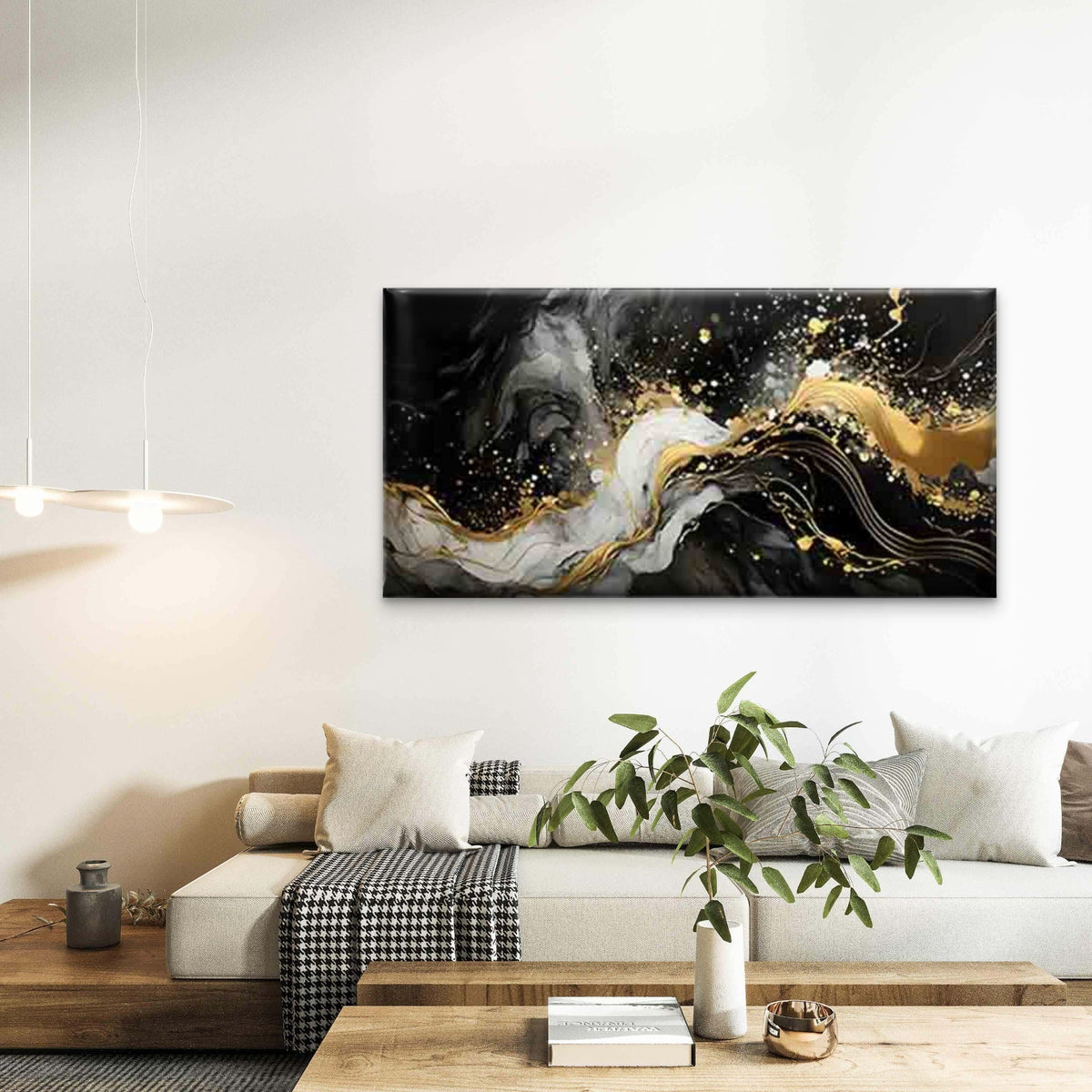 Flowing Lines in Golden, White Wall Art Canvas Office Home Room Framed 120x60cm