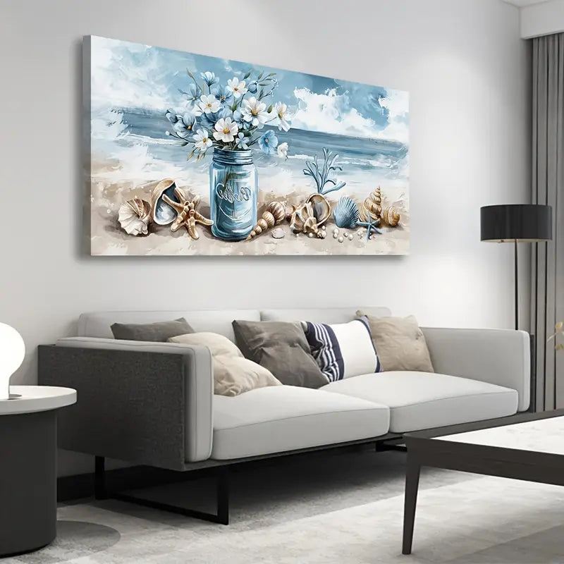 Rustic Seashell & Floral Jar Scene, Ocean Wall Art canvas office home room framed 120x60cm
