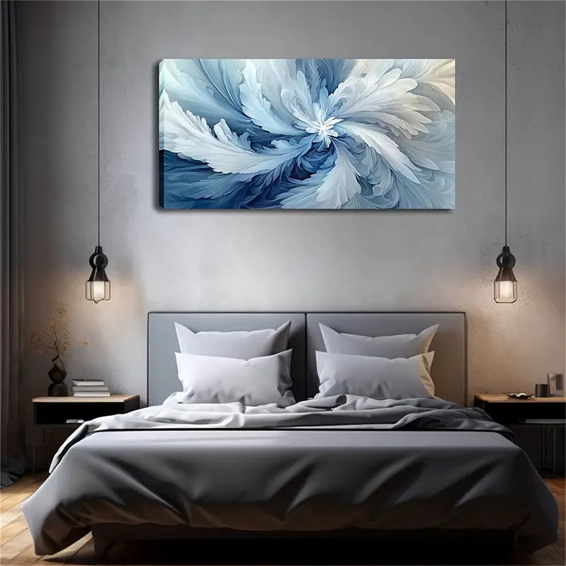 Soft Blue & White Abstract Floral Wall Art Canvas Office Home Room Framed 120x60cm