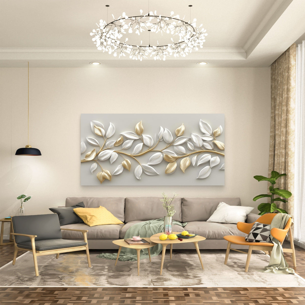 Gilded Ivory Laurel Serenity Wall Art Canvas Office Home Room Framed 120x60cm