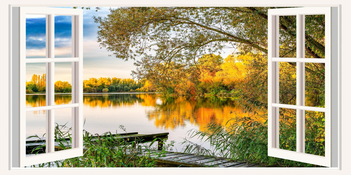 Autumn Gold Lake Reflection Wall Art Canvas Office Home Room Framed 120x60cm
