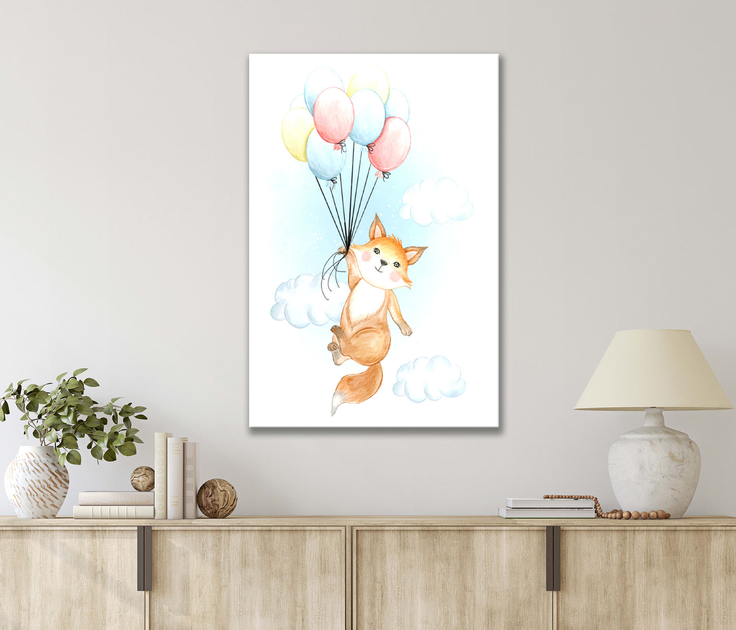 Majestic Fox Soaring Through the Sky with Balloons Art Print 100% Australian Made 40x60cm Stretched Canvas Ready to Hang