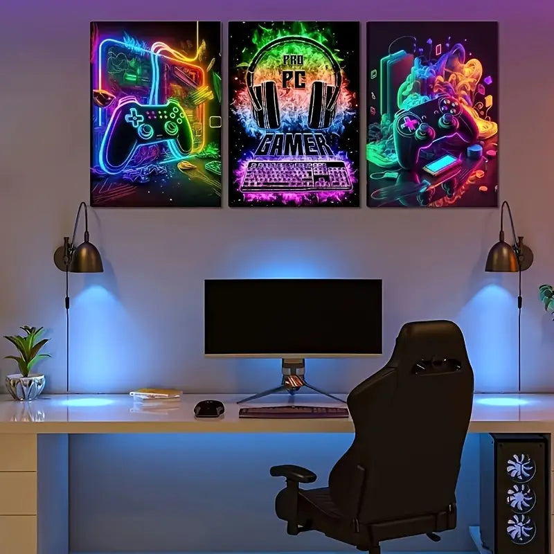 3pcs Vibrant Neon Gaming Design Metal Print Ready to Hang Art