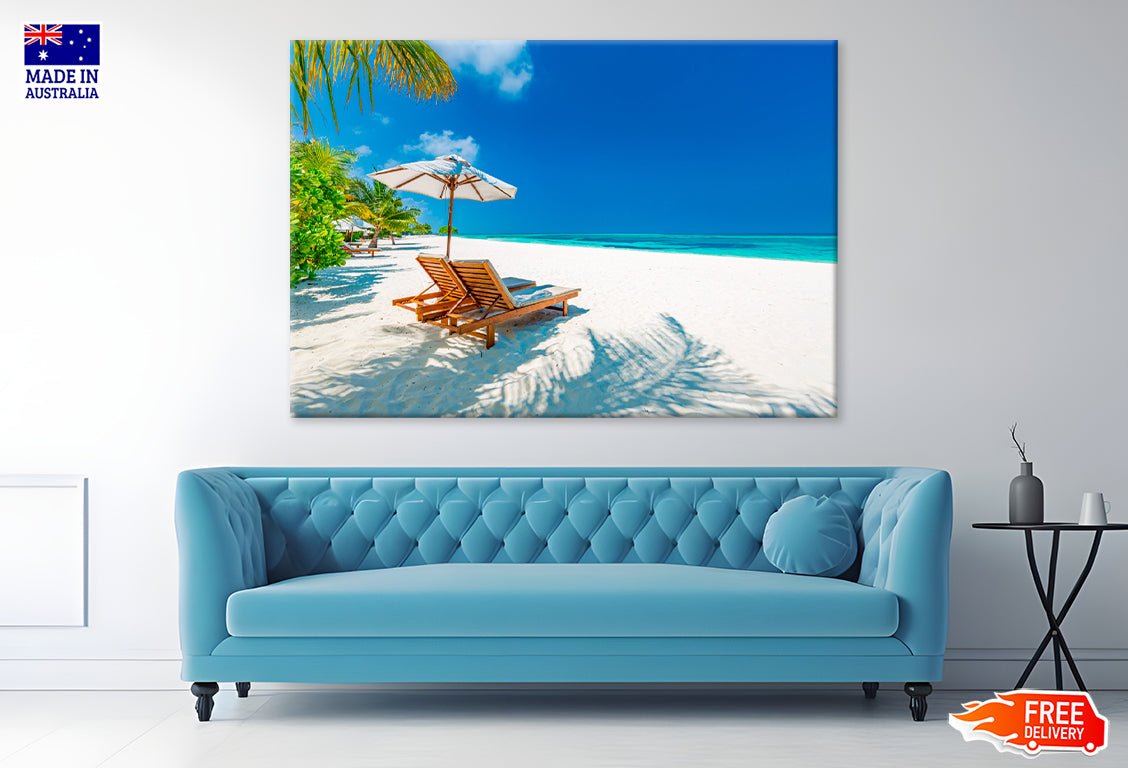 Beach Loungers Near The Sea With Sand Print 100% Australian Made Stretched Canvas Ready to Hang - BC-124