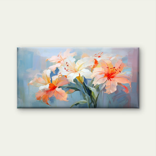 White Peach Lilies Floral Canvas Wall Art Canvas Office Home Room Framed 80x45cm