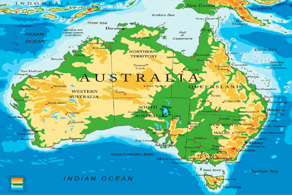 Australia Physical Map Vector Print 100% Australian Made Stretched Canvas Ready to Hang - MP-124