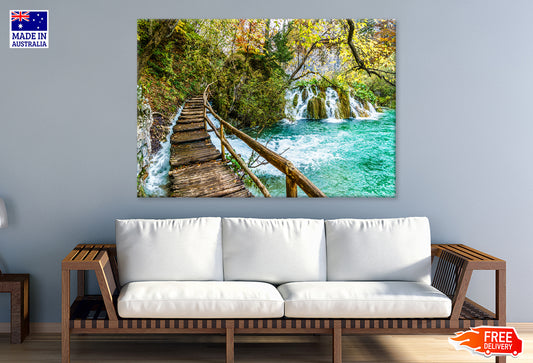 Wooden Pier & Waterfall in Forest Scenery Print 100% Australian Made Stretched Canvas Ready to Hang - NT-124