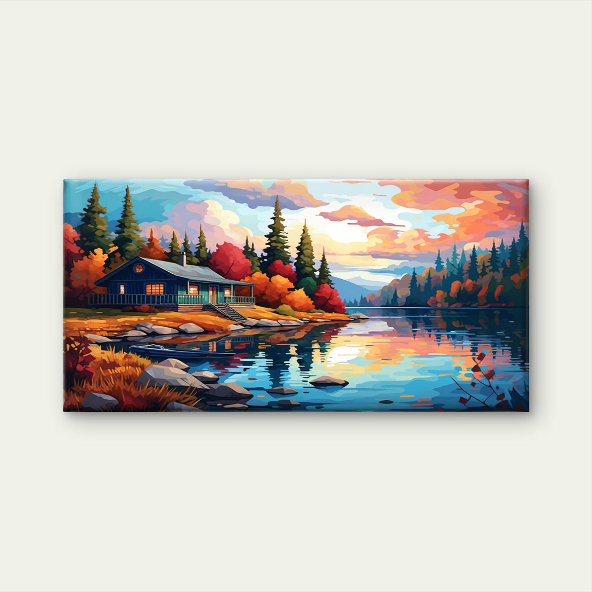 Cozy Log Cabin Lake Sunset Reflection Wall Art Canvas Office Home Framed 120x60cm