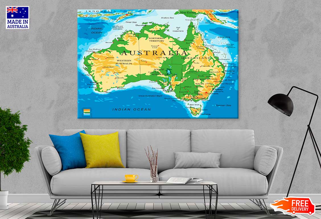 Australia Physical Map Vector Print 100% Australian Made Stretched Canvas Ready to Hang - MP-124